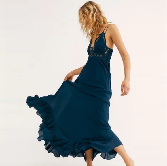 Free People One Strappy Adella Dress Womens Large Slate Teal Ruffle Maxi Large - Picture 3 of 9